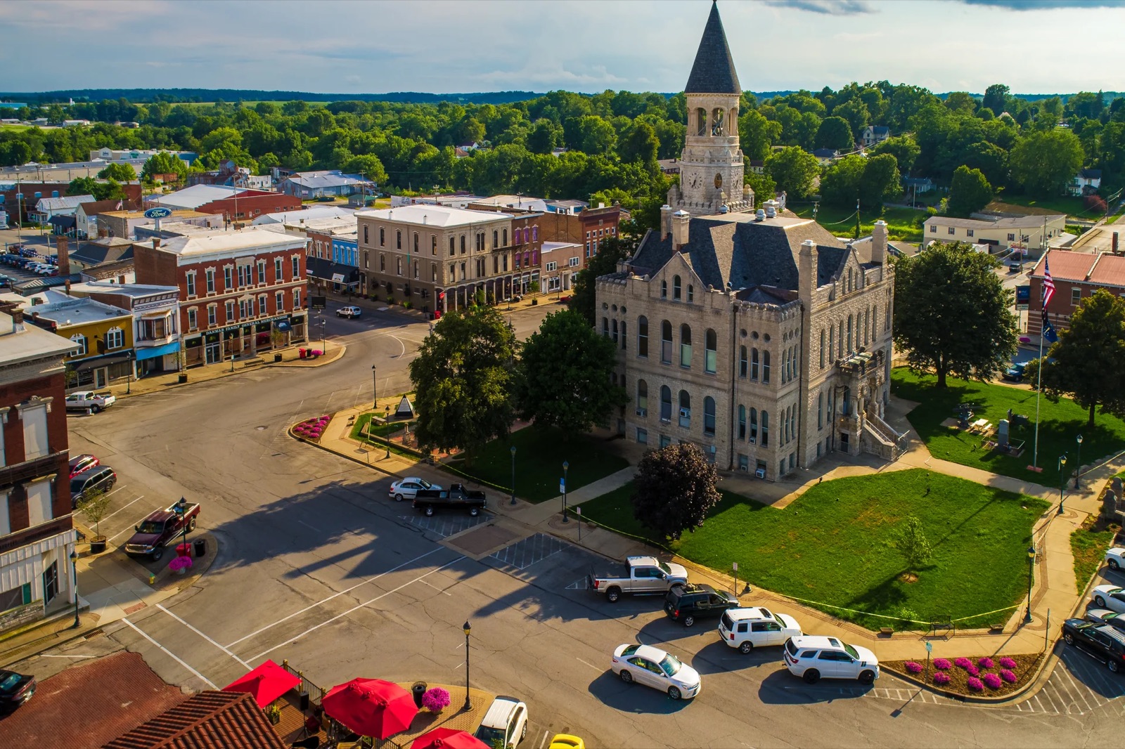 An American county seat at golden hour — the courthouse square of a real hometown